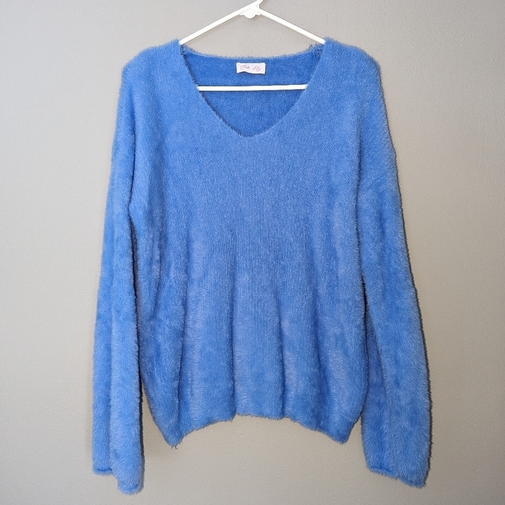 Pink Lily women's sweater. Women's large soft blue V neck sweater. Large